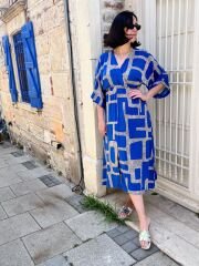 Kruvaze Yaka Beli Lastikli %100 Pamuk Mavi Elbise