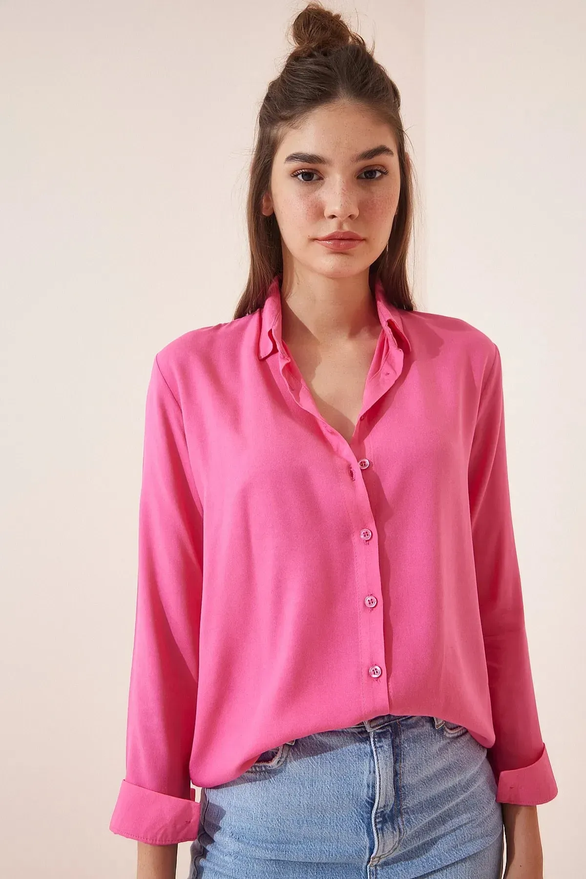 İpeksi Dokulu Regular Fit Pembe Gömlek