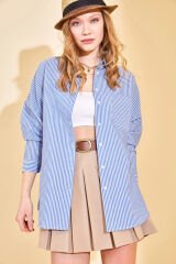 Mavi Çizgili Oversize Gofre Gömlek