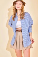 Mavi Çizgili Oversize Gofre Gömlek