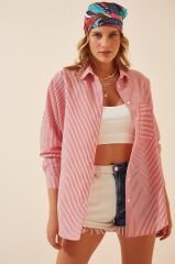 Kırmızı Çizgili Oversize Gofre Gömlek