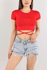 Bel Bağlamalı Kırmızı Viskon Crop Tişört