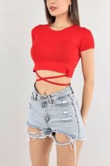 Bel Bağlamalı Kırmızı Viskon Crop Tişört