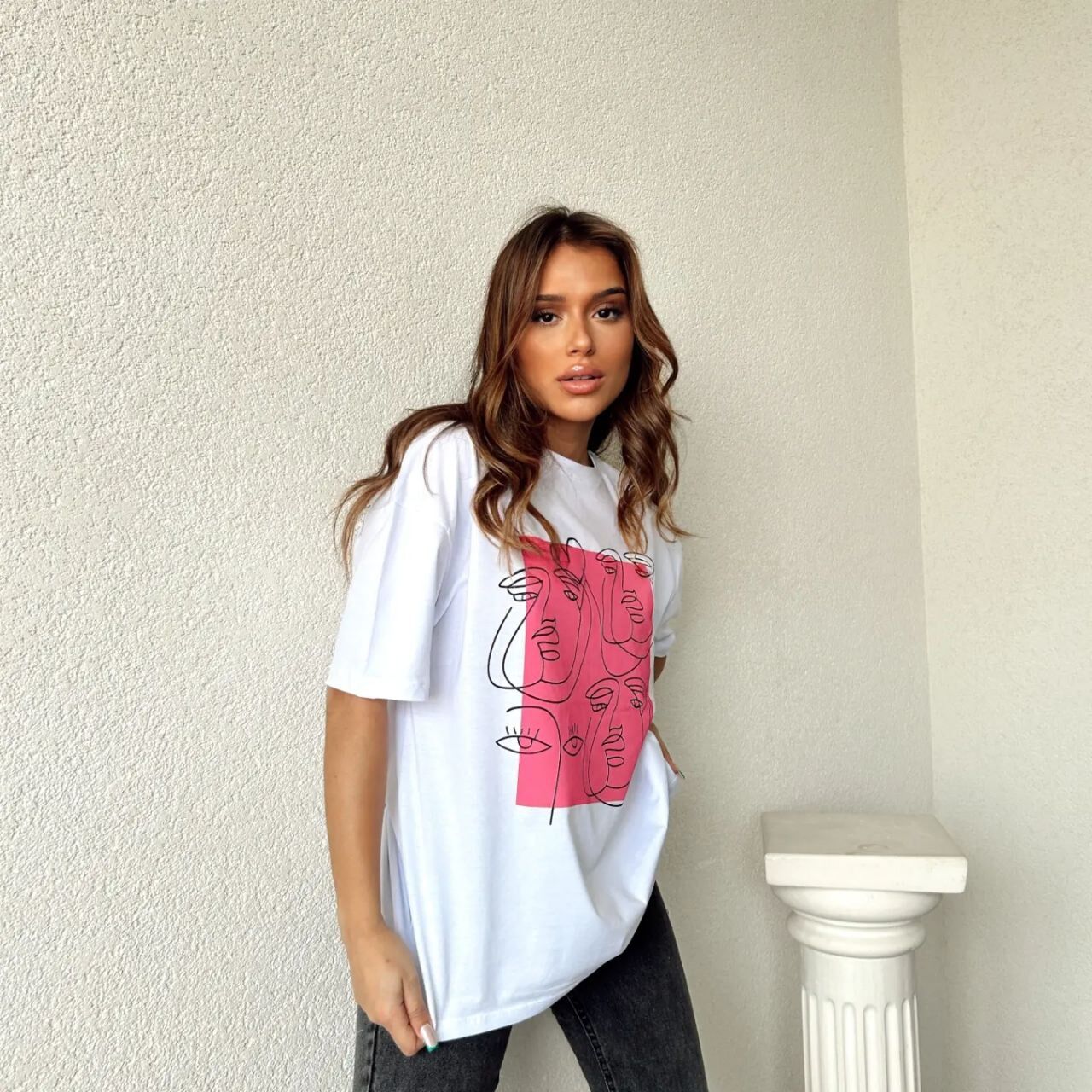 %100 Pamuk Pembe Baskılı Tişört