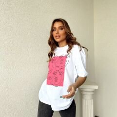 %100 Pamuk Pembe Baskılı Tişört