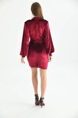 Vatkalı Drape Detaylı Bordo Kadife Elbise