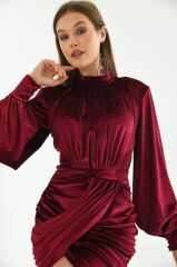 Vatkalı Drape Detaylı Bordo Kadife Elbise