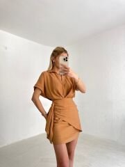 İthal Krep Kumaş Astarlı Ağaç Kabuğu Camel Elbise