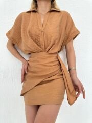 İthal Krep Kumaş Astarlı Ağaç Kabuğu Camel Elbise