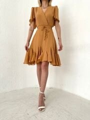 Beli Bağlamalı Astarlı Camel Keten Kruvaze Elbise
