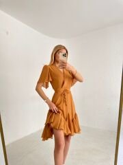 Beli Bağlamalı Astarlı Camel Keten Kruvaze Elbise