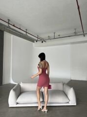Bel Dekolteli Asklılı Gül Kurusu Mini Elbise