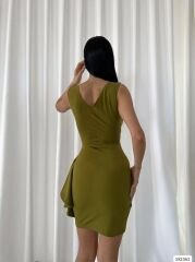 Bel Fiyonklu İthal Krep Kumaş Yağ Yeşili Mini Elbise