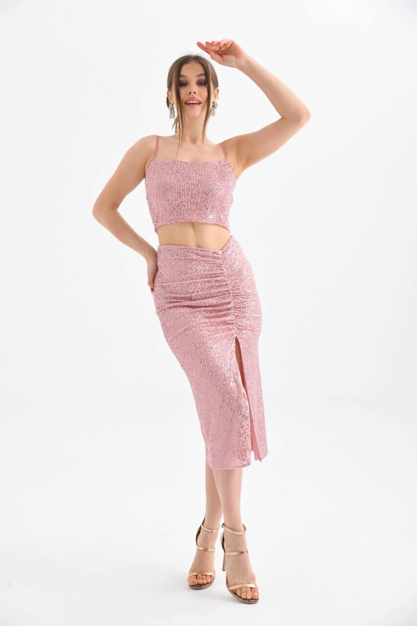 Drape Detaylı İkili Payet Abiye Takım
